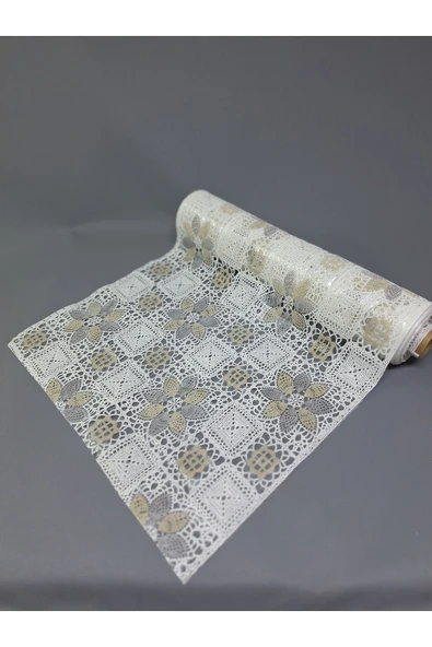 PVC KÜPÜR DANTEL RAF VE DOLAP ÖRTÜSÜ RUNNER  (BEYAZ  KAHVE) - Resim 2