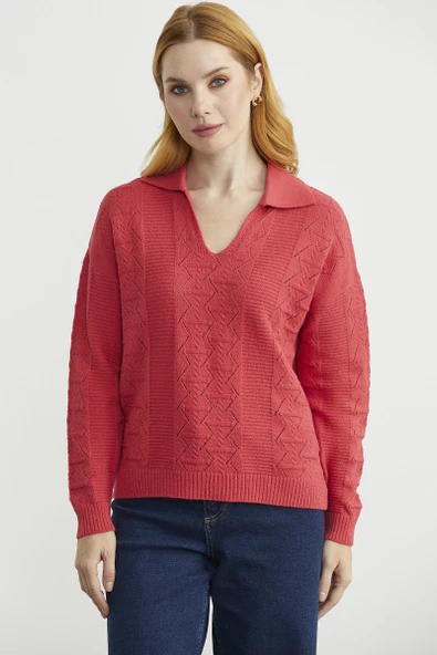 Polo Yaka Motifli Triko Kazak - Gül - Resim 3