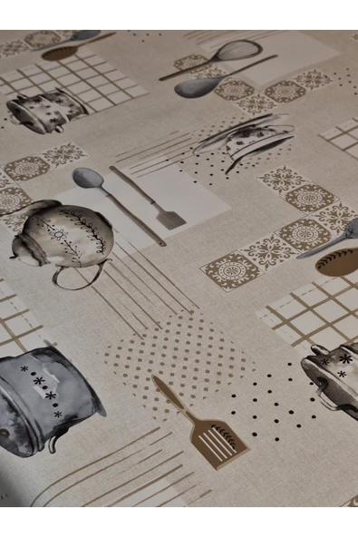 Elyaflı Pvc Muşamba - Desenli Silinebilir Masa Örtüsü ( BEJ) - Resim 7