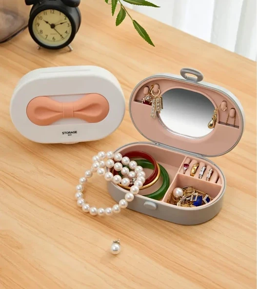 Aynalı Taşınabilir Takı Kutusu | Kadın Makyaj&aksesuar Düzenleyici Beyaz Kırmızı Kurdele - Resim 5