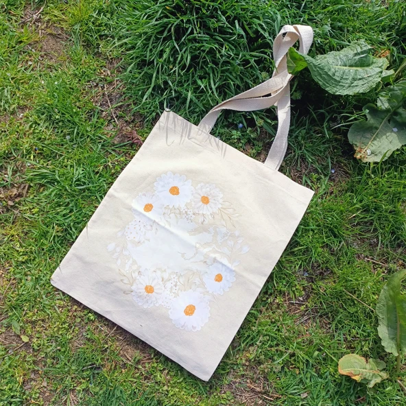 Utterly Good Papatyalı Bez Çanta Seti  Roller Kalem Hediyeli  Bez Çanta  Bez Kalemlik  Bez Cüzdan - Resim 5