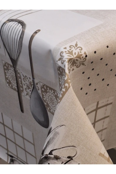 Elyaflı Pvc Muşamba - Desenli Silinebilir Masa Örtüsü ( BEJ) - Resim 6