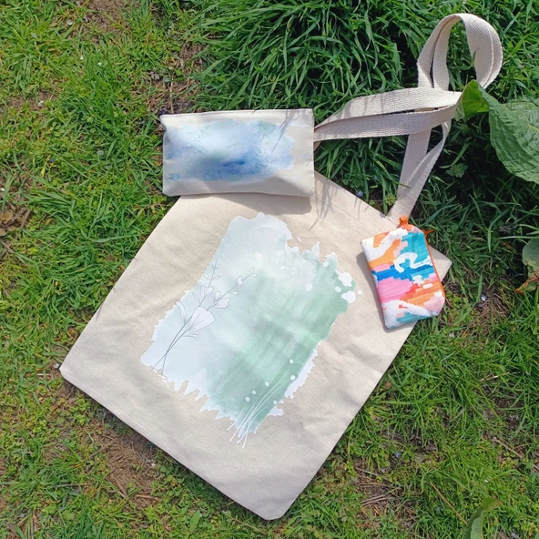 Utterly Good Mavi Çiçekli Bez Çanta Seti  Roller Kalem Hediyeli  Bez Çanta  Bez Kalemlik  Bez Cüzdan ürün görseli