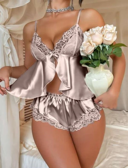 Amora Secret Vizon Dantel İşlemeli İnce Askılı Saten Şortlu Takım - Resim 2