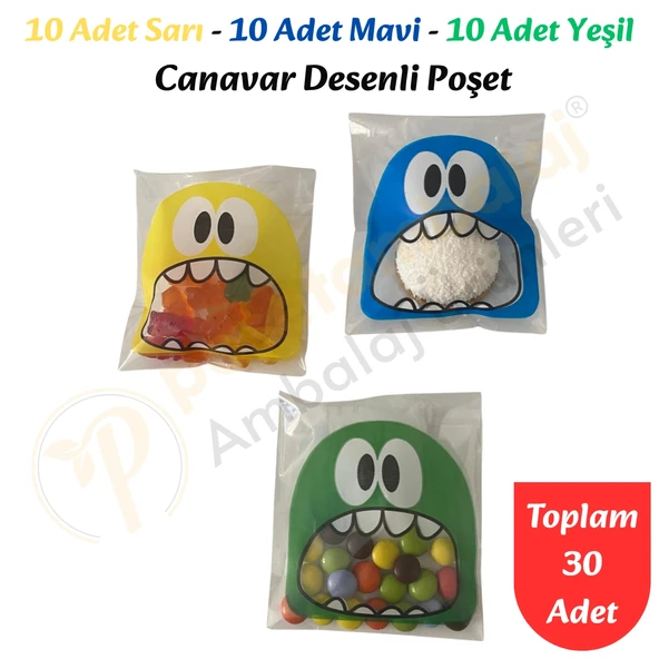 30 Adet Sarı-Mavi-Yeşil Renkli Canavar Desenli Cake Pop & Kurabiye Poşeti-10x15 cm ürün görseli 1