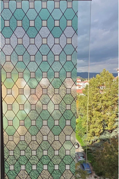 Statik Cam Filmi Mavi Vitray Desenli Folyo – Duşa Kabin, Pencere ve Ofis Dekorasyon Kaplaması - Resim 4