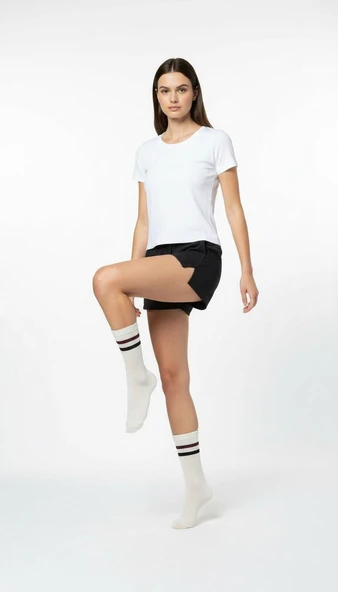Kadın 2’li Spor Tenis Çorabı – Siyah ve Beyaz Çizgili Model - Resim 8