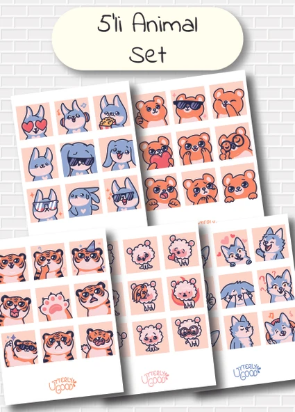 Utterly Good Hayvan Temalı 5'li Sticker  Bullet Journal  Notebook Ajanda  Scrapbook Için Uygun Set ürün görseli
