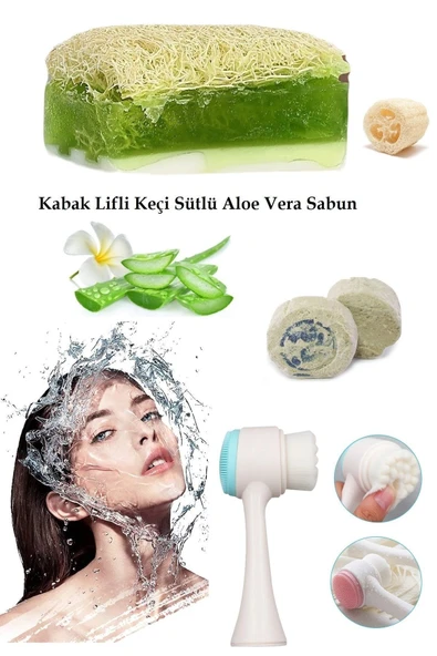 3lü Yaşlanma Karşıtı Bakım Peeling Keçi Sütlü Sabun Aloevera Leke Akne Ruşur Taşı Slikon Yüz Fırçası ürün görseli 1