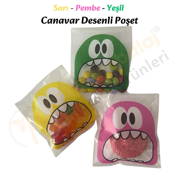 50 Adet Sarı-Pembe-Yeşil Renkli Canavar Desenli Cake Pop & Kurabiye Poşeti-10x15 cm - Resim 2