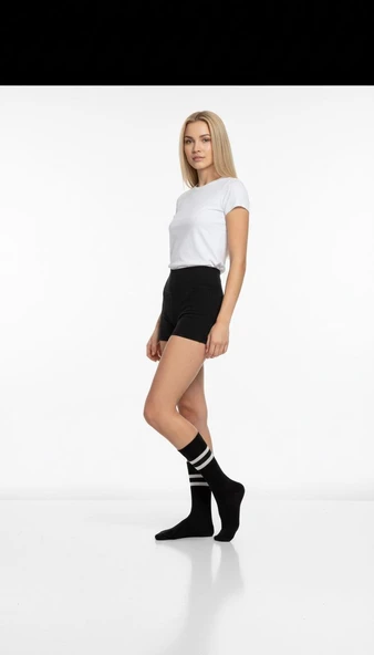 Kadın 2’li Tenis Çorabı Seti – Gri & Siyah Çizgili Spor Çorap – Pamuklu Nefes Alabilir - Resim 7