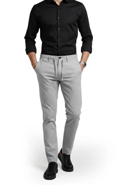 DeepSEA Erkek Likralı Gofre Kumaş Beli Lastikli İpli Slim Fit Günlük Pantolon 2600650 - Resim 5