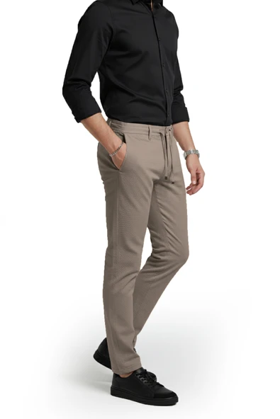 DeepSEA Erkek Likralı Gofre Kumaş Beli Lastikli İpli Slim Fit Günlük Pantolon 2600650 - Resim 10