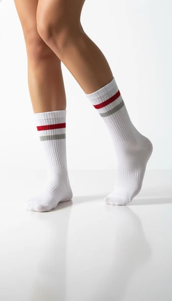 Kadın 2’li Tenis Çorabı Seti – Gri & Beyaz Çizgili Spor Çorap – Pamuklu Nefes Alabilir - Resim 8