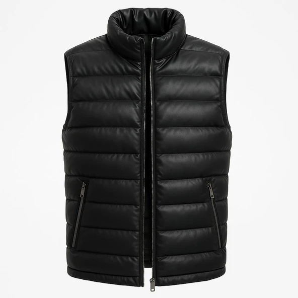 Erkek Slim Fit Fermuarlı Siyah Suni Deri Yelek - 7448 ürün görseli