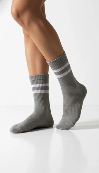 Kadın 2’li Tenis Çorabı Seti – Gri & Siyah Çizgili Spor Çorap – Pamuklu Nefes Alabilir - Resim 3