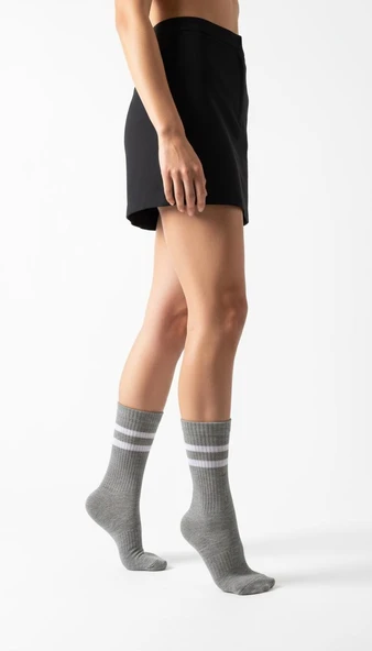 Kadın 2’li Tenis Çorabı Seti – Gri & Beyaz Çizgili Spor Çorap – Pamuklu Nefes Alabilir - Resim 11