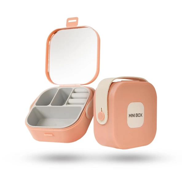 Mini Takı Kutusu Ayna ve 4 Bölmeli Seyahat Düzenleyici – Kolye, Küpe, Yüzük Saklama Kutusu Pudra - Resim 2