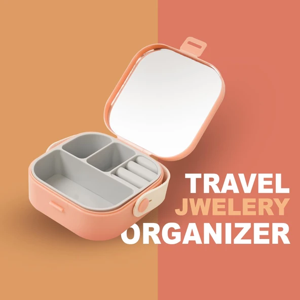 Mini Takı Kutusu Ayna ve 4 Bölmeli Seyahat Düzenleyici – Kolye, Küpe, Yüzük Saklama Kutusu Beyaz - Resim 5