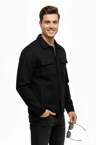 Erkek Siyah Silim Fit Mevsimlik Süet Spor Mont BGL-ST05016 - Resim 4