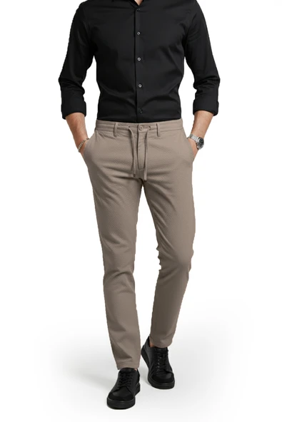 DeepSEA Erkek Likralı Gofre Kumaş Beli Lastikli İpli Slim Fit Günlük Pantolon 2600650 - Resim 8