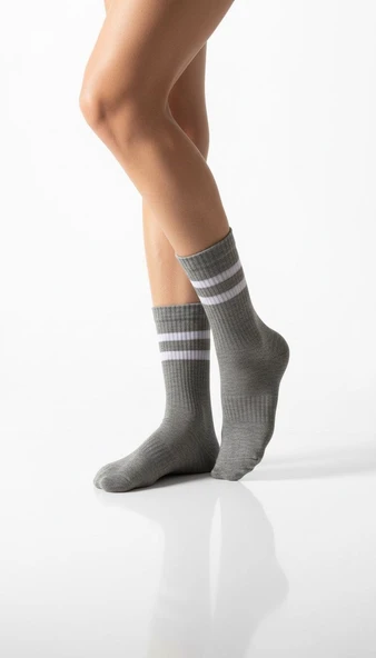 Kadın 2’li Tenis Çorabı Seti – Gri & Siyah Çizgili Spor Çorap – Pamuklu Nefes Alabilir - Resim 5