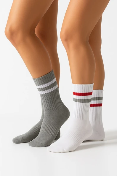 Kadın 2’li Tenis Çorabı Seti – Gri & Beyaz Çizgili Spor Çorap – Pamuklu Nefes Alabilir ürün görseli