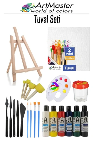 Tuval Seti 25x25 1 Paket Masaüstü Şövale Mydido Akrilik Boya Plastik Spatula Resim Fırçası Palet Ponpon Sünger Fırça ürün görseli