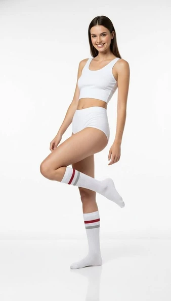 Kadın 2’li Tenis Çorabı Seti – Gri & Beyaz Çizgili Spor Çorap – Pamuklu Nefes Alabilir - Resim 3