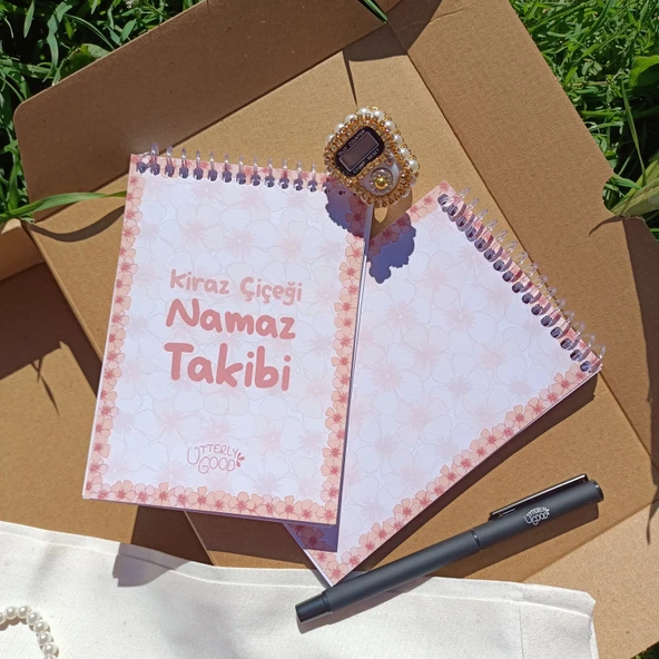 Utterly Good Kiraz Çiçeği Namaz Takibi Manevi Koleksiyon Seti  Defter  Kalem  Zikirmatik  Tespih  Bez Çanta Hediyeli - Resim 3