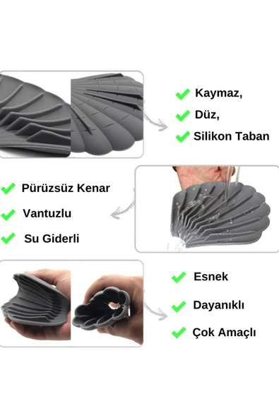 TİNEKE  GRİ Renk Kaymaz İstiridye Şekilli Silikon Sabunluk Sabun Depolama Tutucu ve Taşınabilir Sabunluk - Resim 5