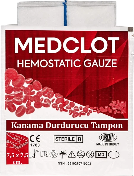 Medclot Hemostatik Kanama Durdurucu Steril Tampon Gazlı Bez Kaolin CE Sertifikalı Spanç Pansuman Acil Durum İlk Yardım Kanama Kontrolü 7,5 x 7,5 cm ürün görseli