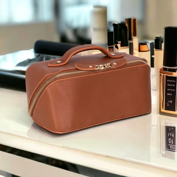 Ella Kadın Seyahat Kozmetik Bakım Makyaj Çantası Organizer Tan Rengi - Resim 2