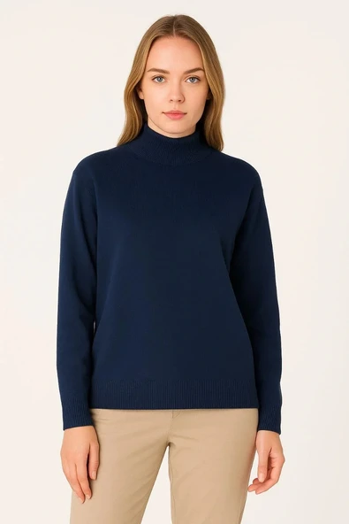 Kadın Yarım Boğaz Triko Kazak yumuşak dokulu Pamuklu ince Dokuma, uzun kollu Rahat Regular kalıp - Lacivert - Resim 2