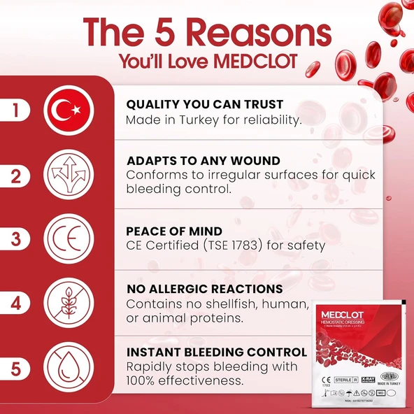 Medclot Hemostatik Kanama Durdurucu Steril Tampon Gazlı Bez Kaolin CE Sertifikalı Spanç Pansuman Acil Durum İlk Yardım Kanama Kontrolü 7,5 x 7,5 cm - Resim 9