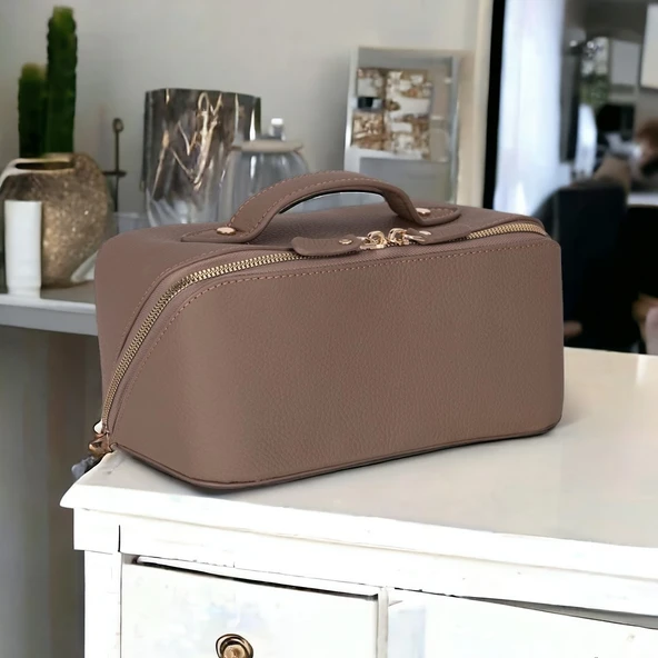 Ella Kadın Seyahat Kozmetik Bakım Makyaj Çantası Organizer Vizon - Resim 2