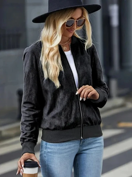 Kadın Uzun Kollu önden Fermuarlı Süet Ceket ürün görseli