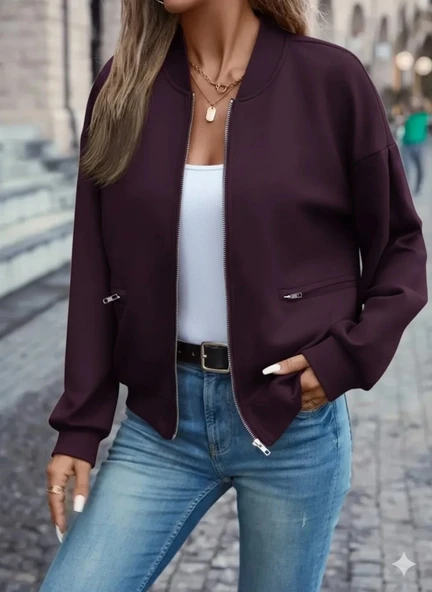 Kadın Uzun Kollu önden Fermuarlı Cepli Modal Mürdüm Ceket ürün görseli