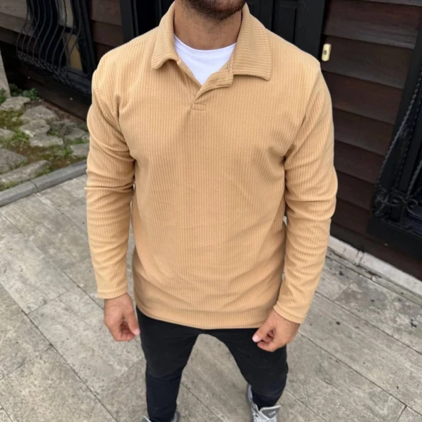 Erkek Fitilli Polar weatshirt – Düğmesiz Polo Yaka, Oversize Rahat Kalıp, Kalın Polar Kumaş, Kışlık Ve Baharlık Şık Günl - Resim 2