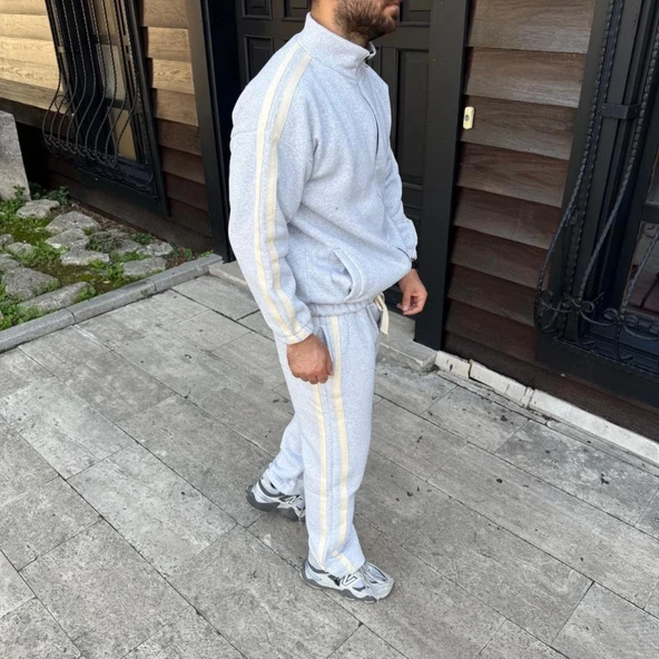 Erkek Çift Şeritli Eşofman Takım Dik Yaka Fermuarlı weatshirt Boru Paça Alt, Oversize 3 Iplik Pamuklu  Gri - Resim 3