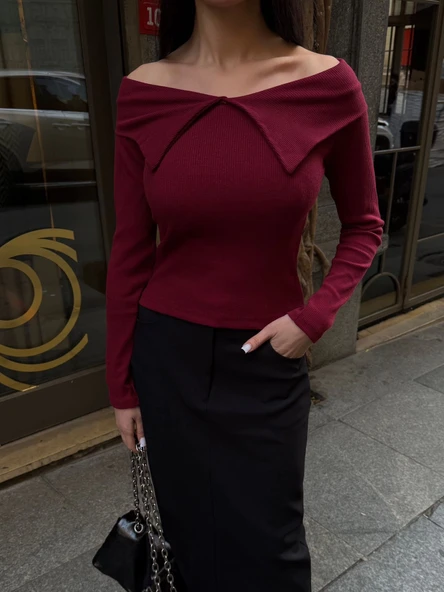 Kelebek yaka uzun kol bluz bordo ürün görseli 1