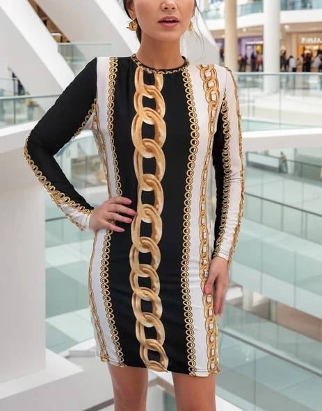 Kadın Uzun Kollu Bisiklet Yaka cuba idi Boy Elbise - Resim 6