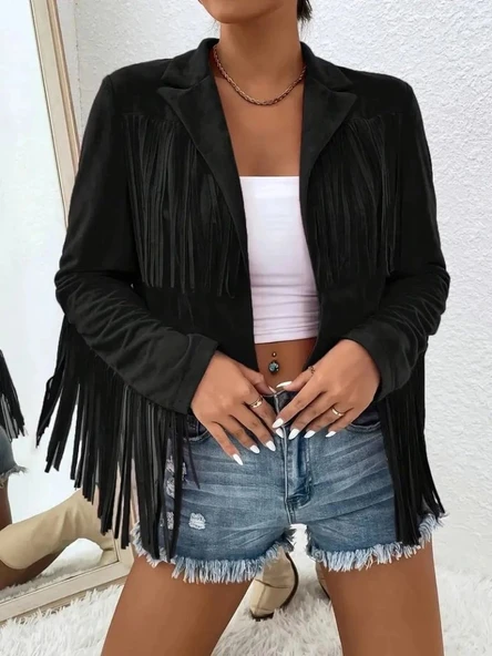 Kadın Uzun Kollu Yakalı Kısa Püsküllü Süet Ceket - Resim 5