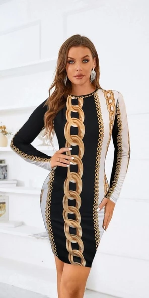 Kadın Uzun Kollu Bisiklet Yaka cuba idi Boy Elbise - Resim 5