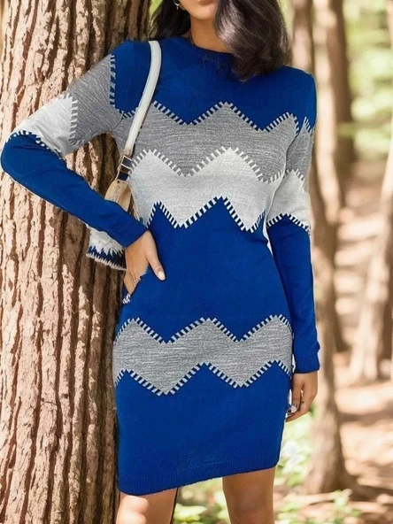 Kadın Uzun Kollu Zigzag Desen Triko Elbise - Resim 7