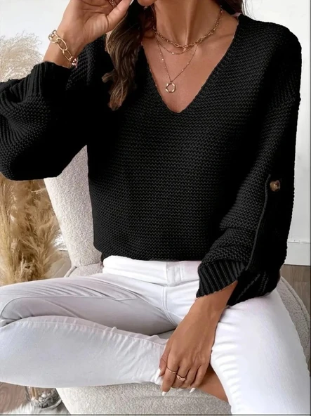Kadın Uzun Kollu V Yakalı Düğmeli Triko Bluz - Resim 3