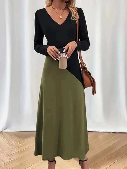 Kadın Uzun Kollu V Yakalı Blok Desenli Viskon Elbise - Resim 3