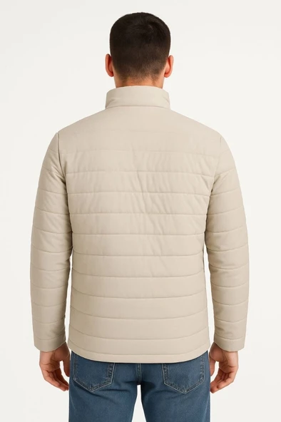 Erkek Bomber ont Ceket – u İtici Kumaş, Kapitone Astarlı, Fermuarlı, Kışlık  Bej - Resim 2