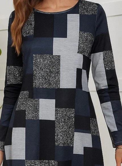 Kadın Uzun Kollu Yuvarlak Yaka Geometrik Süprem Elbise - Resim 2