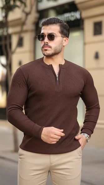 Erkek Fermuarlı Bisiklet Yaka Dokulu Uzun Kollu Triko - Resim 5